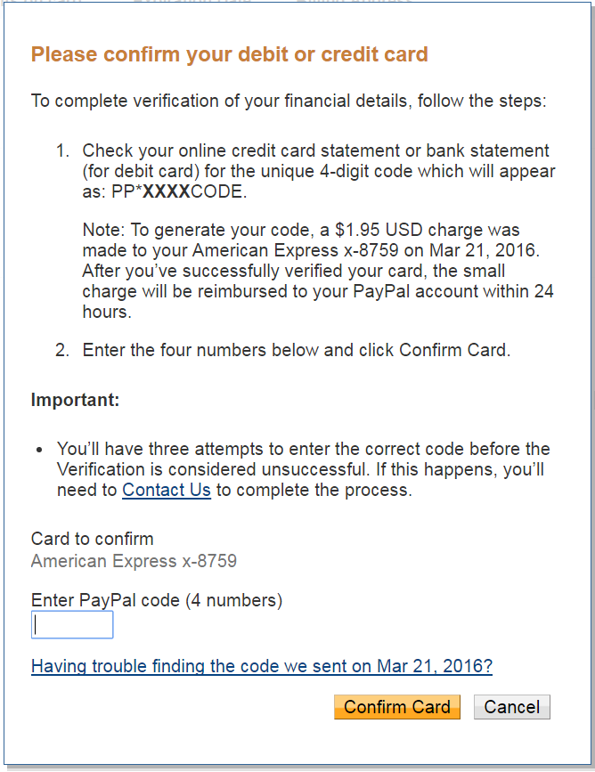 Enter PayPal Code